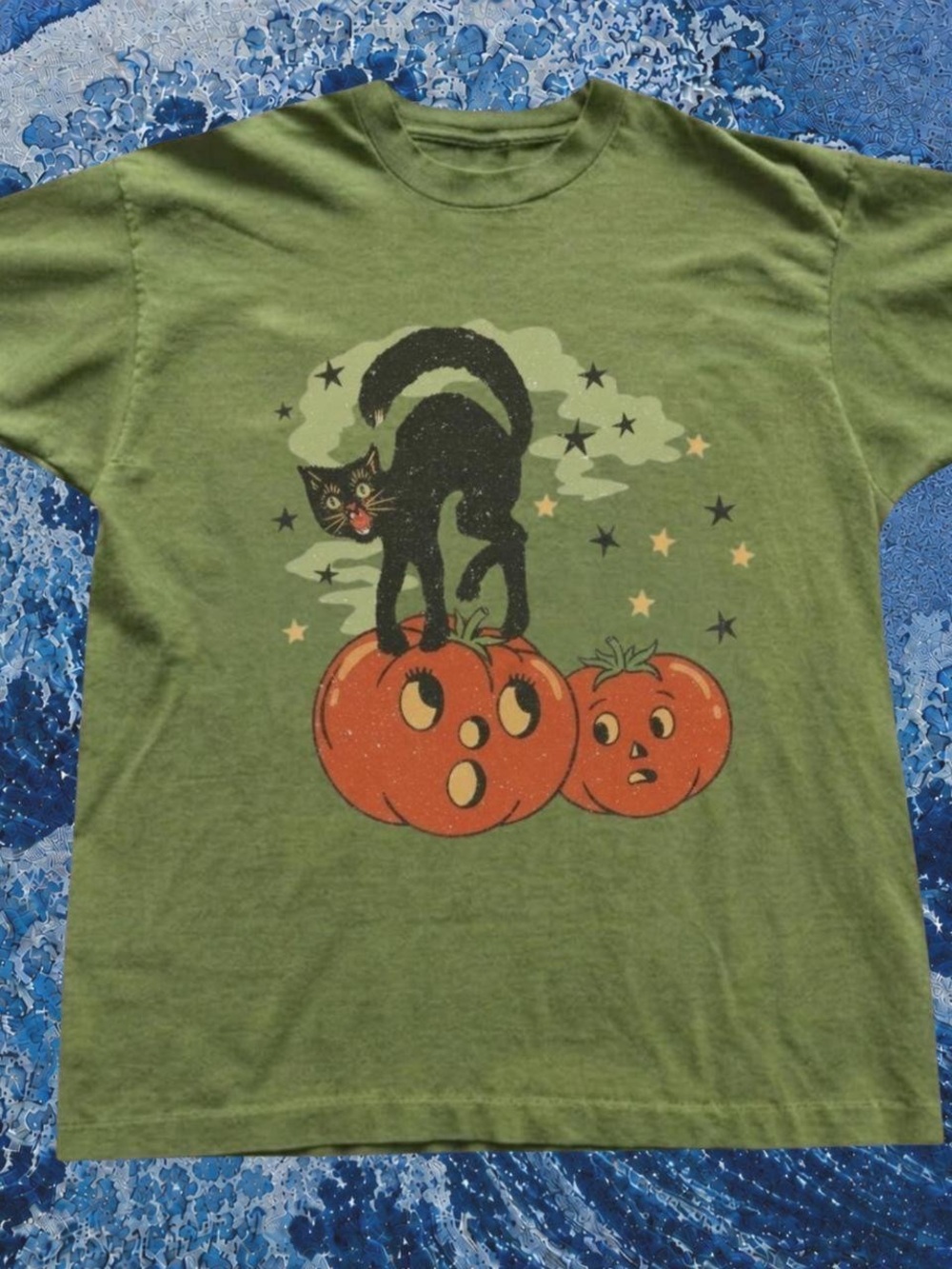 Gildan Olive Green Halloween Cat & Pumpkins Graphic Tee
